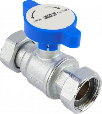 Кран шаровой FAR 1", накидные гайки EPDM, син. бабочка под термометр, хром